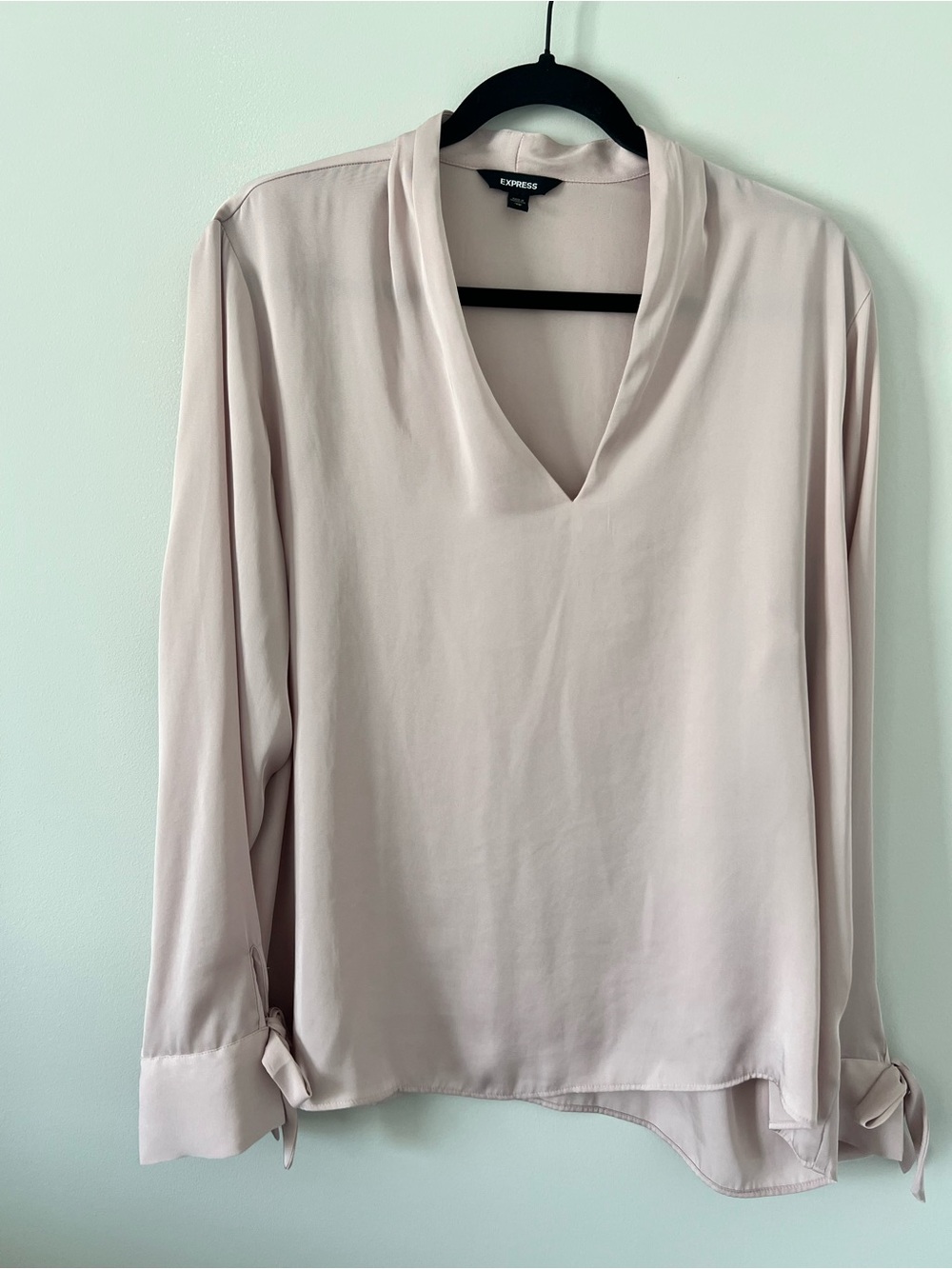 Express Light Blush V-Neck Long Sleeve Tie-Cuff Blouse